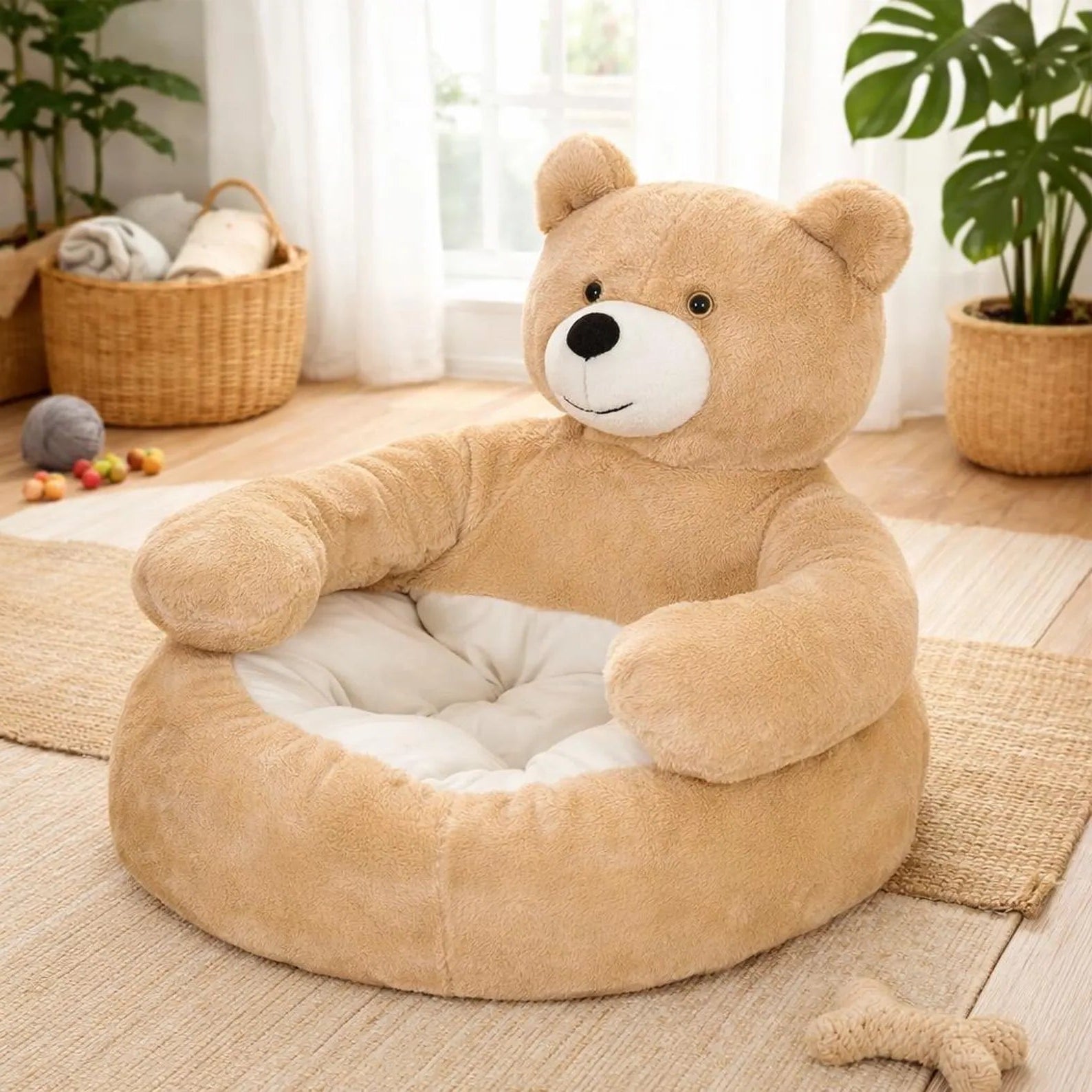 Beige bear-shaped pet bed on a wooden floor with plants and a basket in the background